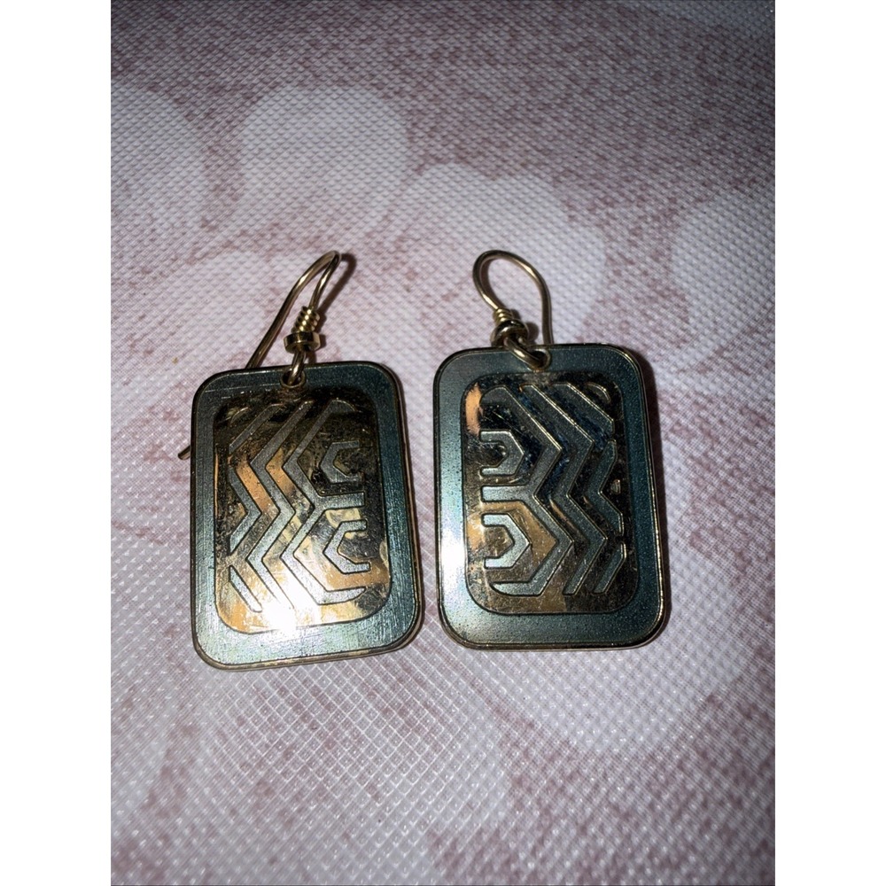 Vintage Pair Laurel Birch Gregorio Geometric Goldtone Metal Hanging Pierced